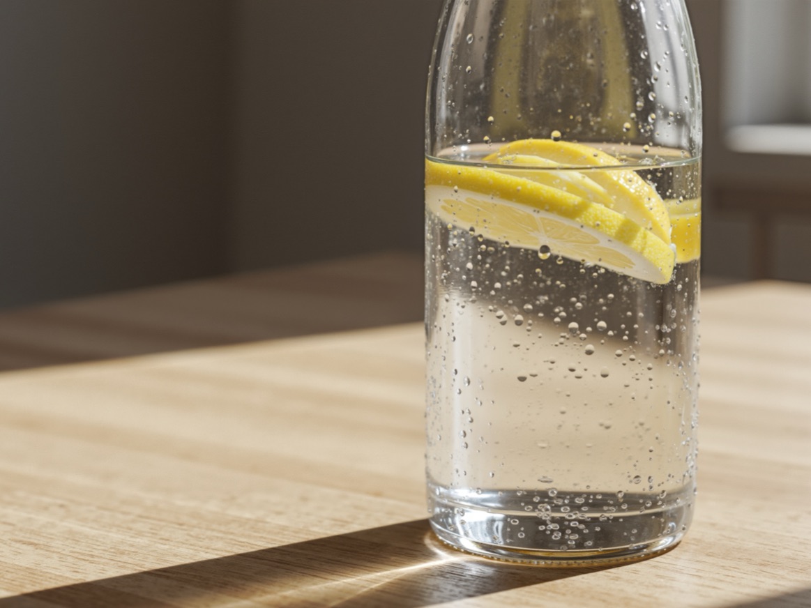 Glass bottle of lemon water on a wooden kitchen table in soft morning sunlight — minimalist intermittent fasting concept
